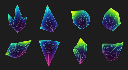 This concept art illustration showcases a futuristic set of abstract geometric vector icons, featuring sharp, fragmented shapes with bold gradient colors and ultra-clean lines. 