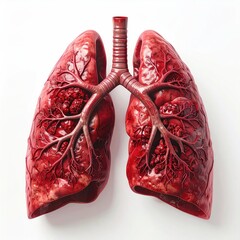 Detailed anatomical model of lungs, showcasing a bronchiole system and numerous nodules suggesting a diseased state, set against a stark white background