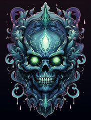 Blue skull illustration with dark abstract background