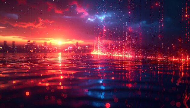 Vibrant sunset over a city reflected in still water, with ethereal, glowing particles rising from the cityscape - Powered by Adobe
