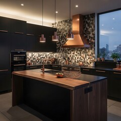 A modern kitchen boasts dark cabinetry, copper accents, and a geometric tile backsplash, creating a stylish and sophisticated space.