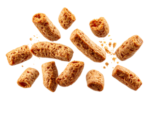 Crispy, golden-brown cereal pieces scattered in mid-air against a black background