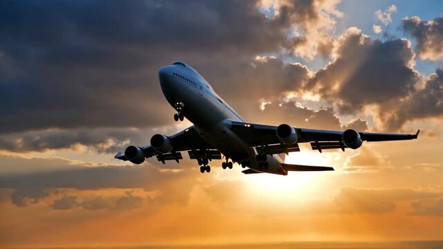 Boeing 747 Ascending Over Runway During Sunset, Golden Hour