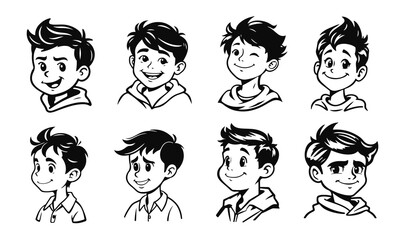 Cute kids faces set, cartoon children, emotional baby expressions, black white characters	