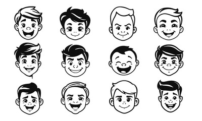 Cute kids faces set, cartoon children, emotional baby expressions, black white characters	