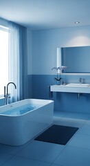 A modern bathroom interior featuring a sleek, light blue color palette and a comfortable soaking tub.