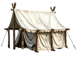 Simple, rustic, wooden-framed tent