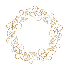 Vector floral circle wreath with ornate swirls and leaves. Elegant botanical frame for wedding and greeting cards