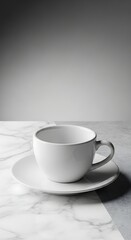 Elegant white teacup and saucer on a marble surface.