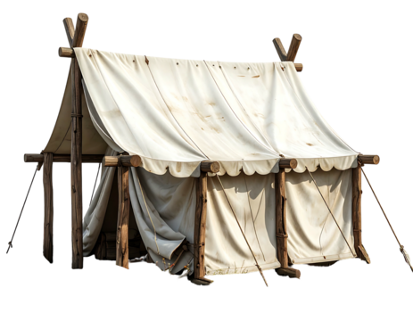 Simple, rustic, wooden-framed tent