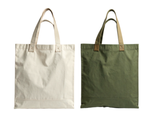 Two canvas tote bags, cream and olive green, with simple handles