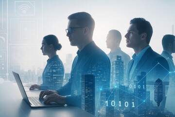 Business people working with technology over futuristic cityscape, digital data overlay and light background concept of innovation and analytics.