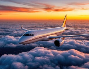 Fototapeta premium plane flies above clouds at sunset.