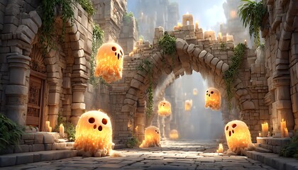 Haunted digital crypt with floating orange ghosts coded in ancient firewalls