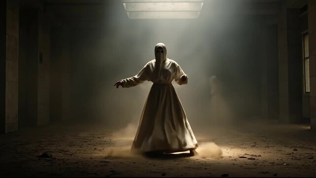 A group of people in white robes dancing in a dark room