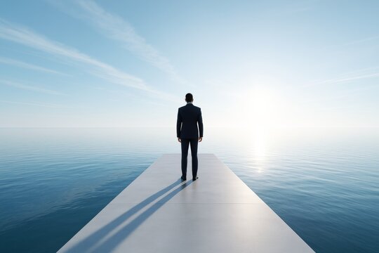 Businessman standing alone on pier gazing at ocean horizon under bright sunlight with clear blue sky background, symbolizing future and decision-making.