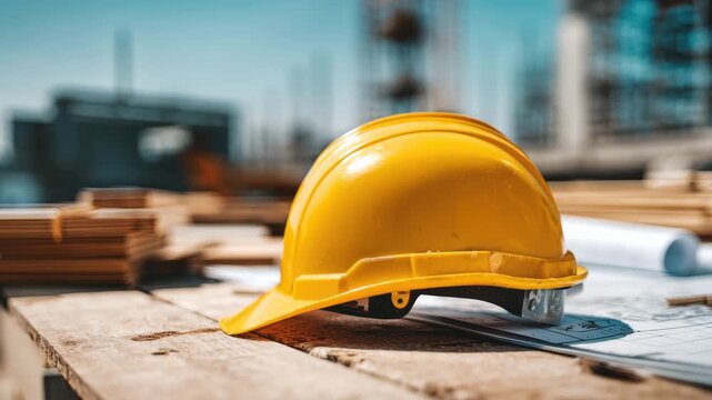 A yellow hard hat sits on a wooden table at a construction site. Blueprints are spread out beside it while the sun shines brightly, highlighting the busy environment