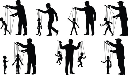 Puppet master silhouettes, marionette control vector, manipulation concept art, authority influence design, power dynamics illustration, shadow figures, dominance metaphor, stock image