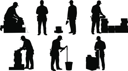 Silhouette construction workers building brick wall, masonry tools and labor, teamwork construction industry illustration for architecture design and engineering projects.