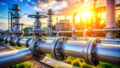 A close-up view captures a network of industrial pipes and valves against a bright, sunny sky. The focus is on the metallic hardware