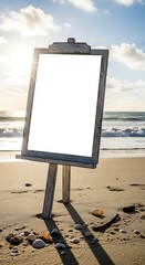A weathered wooden easel displaying a blank sign stands on a sandy beach bathed in morning sunlight, showcasing a tranquil ocean backdrop.