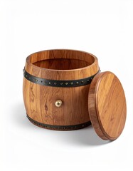 Obraz premium A round wooden barrel-shaped container with a removable lid, accented by dark bands and metal studs, sits on a white background
