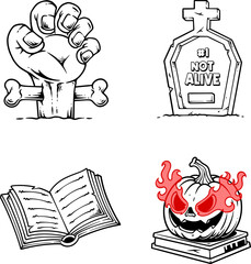 Halloween pumpkin, skull, magic book vector in line art style design set. Tombstone, lantern, skeleton, ghost, witch vintage logo design collection. Set of element for halloween spooky and decorations