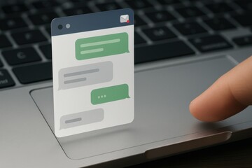 Finger touching laptop touchpad with floating chat window for online messaging, digital communication and customer support interface
