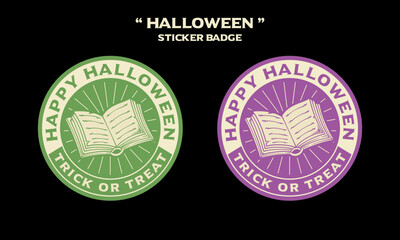 Spell book retro badge design for Halloween logo. Magic Book vintage emblem. Vector with witch spell book spooky. Gothic emblem illustration for halloween logo