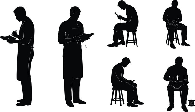 Silhouette shoemakers and cobblers repairing shoes, sewing leather, using tools, traditional craftsmanship, footwear repair, artisan work and shoe making illustration.