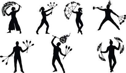 Silhouette vector illustration of fire dancers performing with poi, staffs, and fans, showcasing flames, movement, performance art, energy, entertainment
