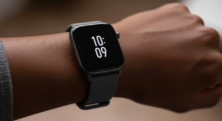 Close-up of a modern smart watch displaying the time 10:09 on a dark screen, worn on a person's wrist. The watch has a gray silicone band.