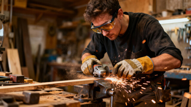 Focused man using angle grinder on wood in workshop, wearing safety gear, sparks flying