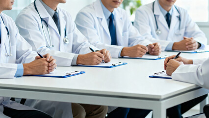 Group of doctors meeting, discussing patient care, writing notes, teamwork in hospital setting
