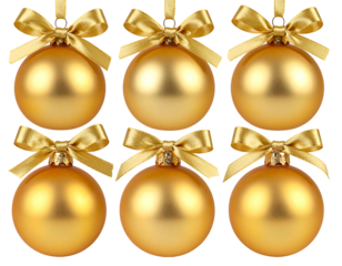 Six gold Christmas ornaments with ribbons