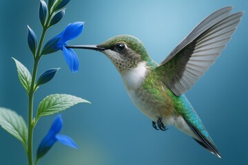 Fototapeta premium Close-up of hummingbird feeding from vibrant blue flower with detailed wings and green feathers, set against a soft light blue background.
