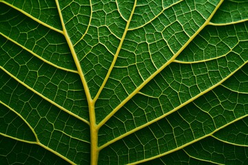 Obraz premium Close-up macro of green leaf texture with visible yellow veins on natural background, emphasizing organic design and nature structure details. Ai generative