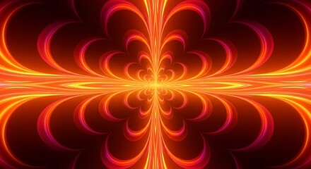 Intricate, symmetrical design featuring radiating, luminous orange and magenta lines, creating a dynamic, hypnotic visual effect.