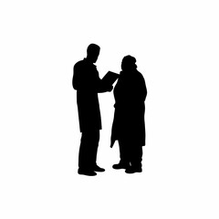 Silhouette of healthcare professional and patient reviewing consent form isolated on white background