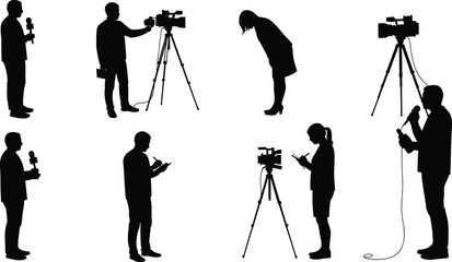 Silhouette of reporters, journalists, cameramen, and interviewers using cameras, microphones, and tripods for news media, press, television, and broadcasting illustration.
