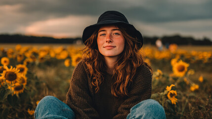 portrait of asian woman wearing a black bucket hat and blue jeans, sitting in the middle of a field of sunflowers.