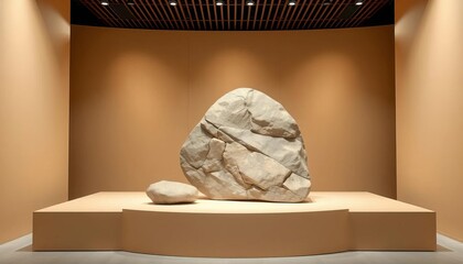 Simple bamboo rock display on minimalist beige podium, shadow, marketing