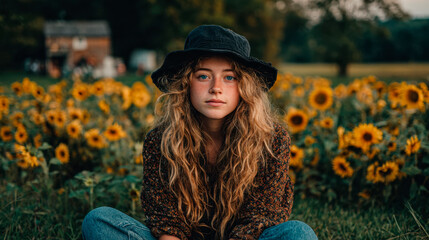 portrait of asian woman wearing a black bucket hat and blue jeans, sitting in the middle of a field of sunflowers.