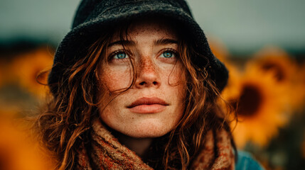 portrait of asian woman wearing a black bucket hat and blue jeans, sitting in the middle of a field of sunflowers.