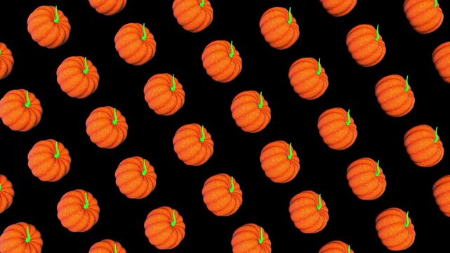 Bright orange pumpkins pattern on black background creates eye-catching seasonal design for fall decor