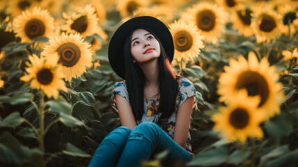 portrait of asian woman wearing a black bucket hat and blue jeans, sitting in the middle of a field of sunflowers.