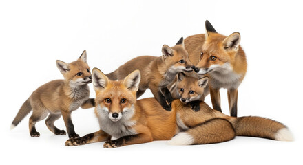 Fototapeta premium A charming group of red foxes, including adorable cubs, isolated on white background, showcasing their playful nature and captivating beauty