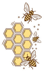 Honeycomb with Bees A stylized illustration of bees buzzing around a geometric honeycomb pattern