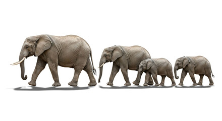 Obraz premium Elephant family isolated on white background, walking in a line with their powerful legs and graceful movements, displaying their natural habitat