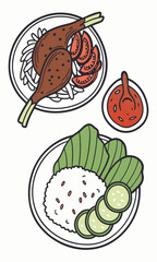 Illustrated Indonesian Cuisine Satay Rice Vegetables and Sauce on Plates